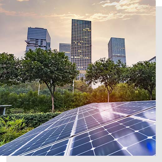 Solar panels with trees and skyscrapers in the background