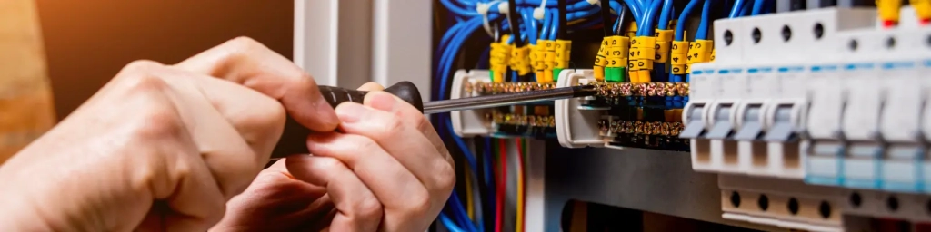 A pair of hands holding a screwdriver working on a switchboard