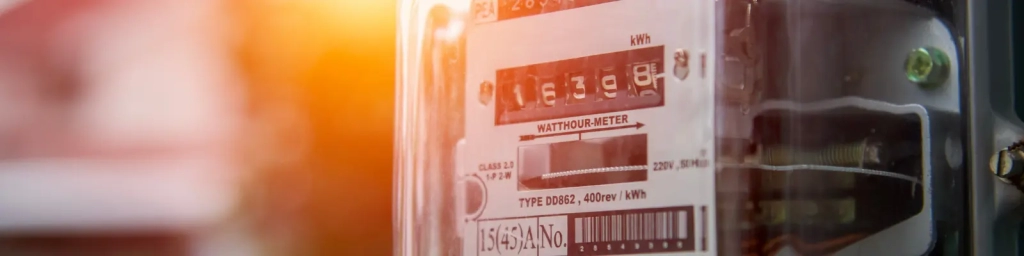 An electricity meter in the foreground, with a blurred background and a light burst in the top left corner behind the meter